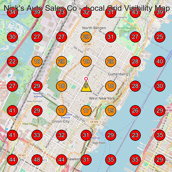 Nick's Auto Sales Co GeoGrid visibility map for Used Car Dealer in North Bergen