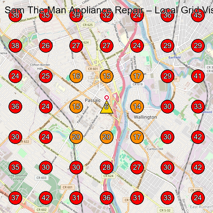 Sam The Man Appliance Repair GeoGrid visibility map for Appliance Repair Service in Wallington