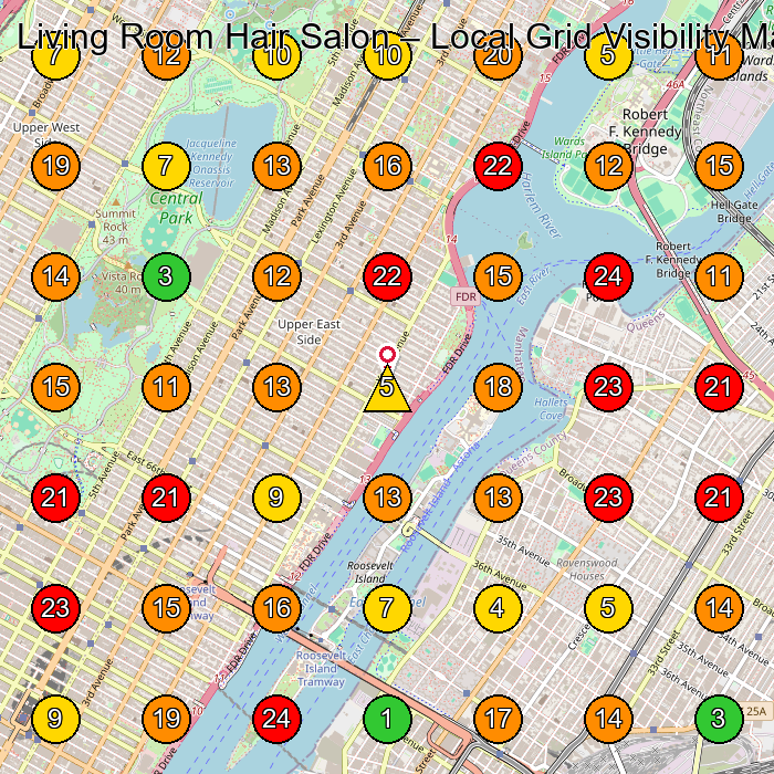 Living Room Hair Salon Hair Salon GeoGrid ranking map for New York NY