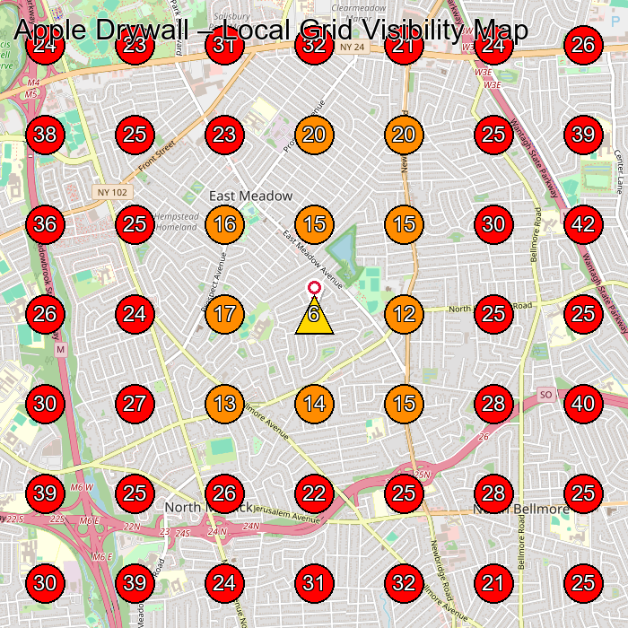Apple Drywall GeoGrid visibility map for General Contractor in Levittown
