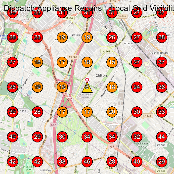 Dispatch Appliance Repairs GeoGrid visibility map for Appliance Repair Service in Wallington