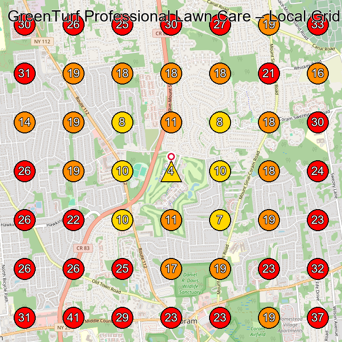 GreenTurf Professional Lawn Care GeoGrid visibility map for Lawn Care Service in Miller Place