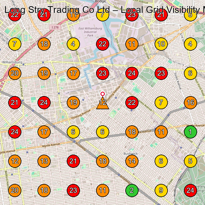 Long Stry Trading Co Ltd Clothing Store GeoGrid ranking map for Ridgewood NY