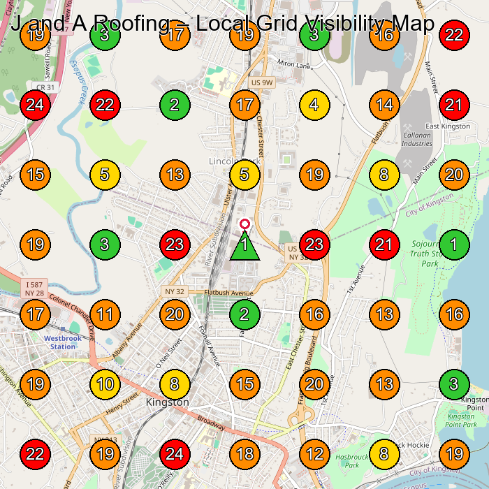 J and A Roofing Roofing Contractor GeoGrid ranking map for Kingston NY