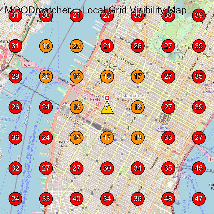 MOODmatcher GeoGrid visibility map for Kozmetik Aœra1/4Nler Aœreticisi in Queens