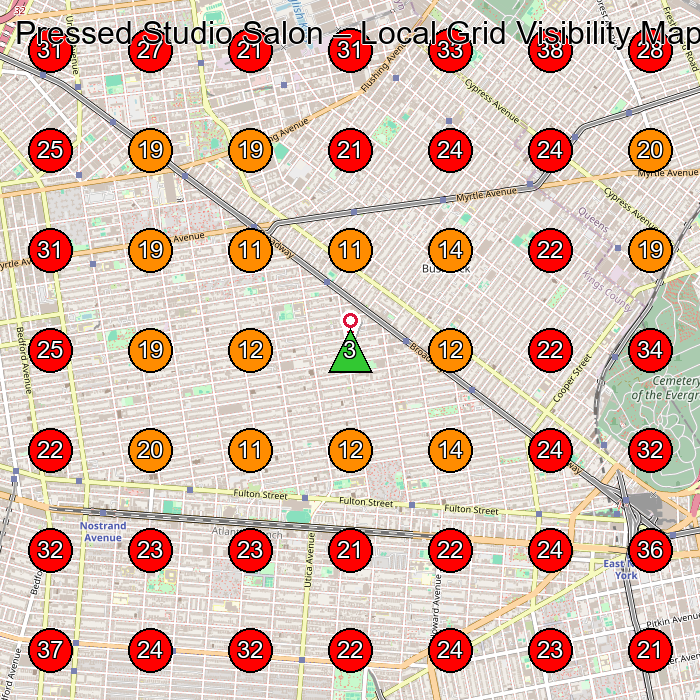 Pressed Studio Salon GeoGrid visibility map for Hair Salon in Brooklyn