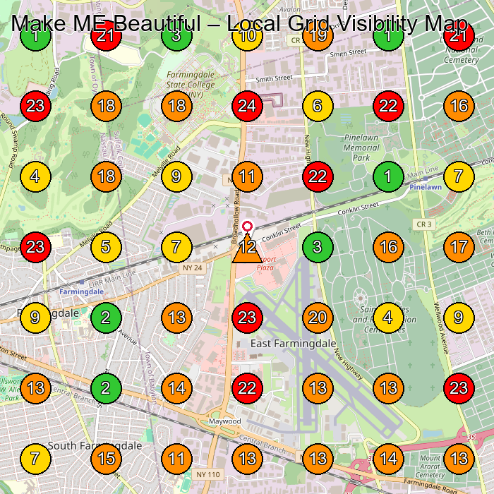 Make ME Beautiful Hair Salon GeoGrid ranking map for Farmingdale NY