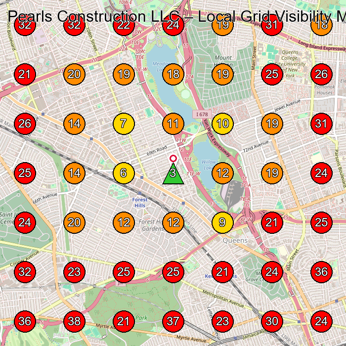 Pearls Construction LLC GeoGrid visibility map for Construction Company in Forest Hills