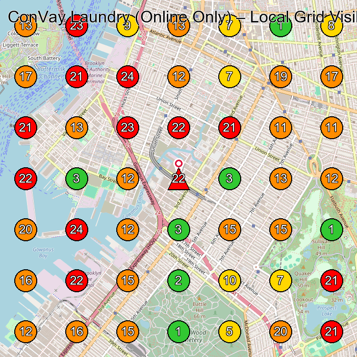 ConVay Laundry (Online Only) Laundry Service GeoGrid ranking map for Brooklyn NY