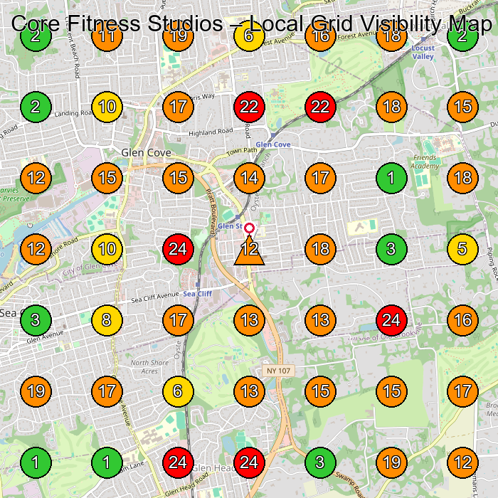 Core Fitness Studios Personal Trainer GeoGrid ranking map for Glen Cove NY