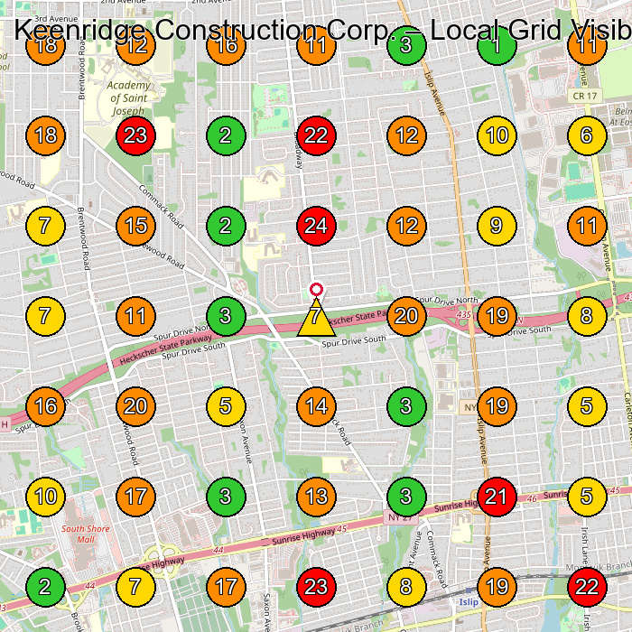 Keenridge Construction Corp. Roofing Contractor GeoGrid ranking map for Bayshore NY