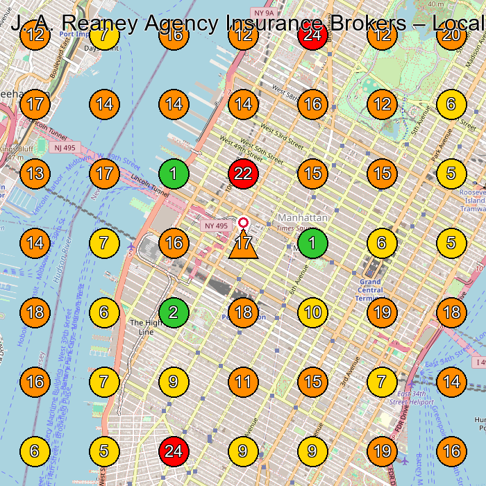 J. A. Reaney Agency Insurance Brokers Insurance Agency GeoGrid ranking map for New York NY