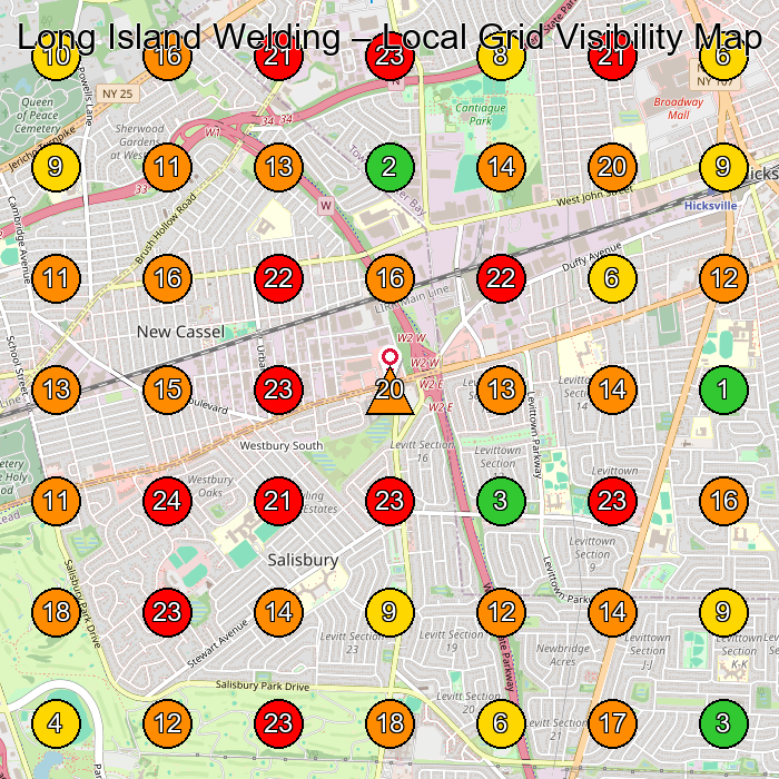 Long Island Welding Manufacturer GeoGrid ranking map for Westbury NY