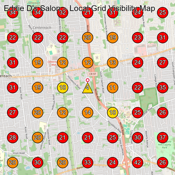 Eddie D's Salon GeoGrid visibility map for Beauty Salon in Selden