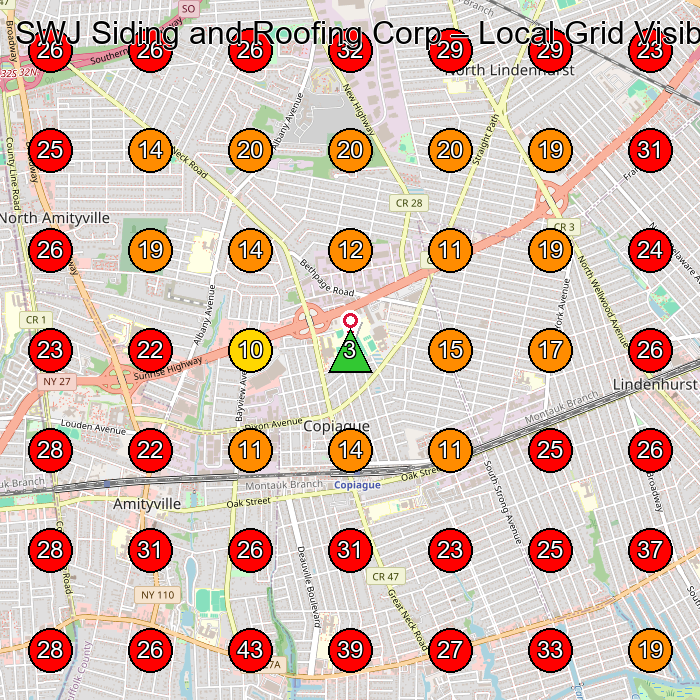 SWJ Siding and Roofing Corp GeoGrid visibility map for Roofing Contractor in Amityville