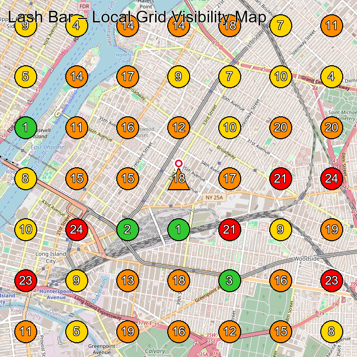 Lash Bar Beauty Salon GeoGrid ranking map for Queens NY