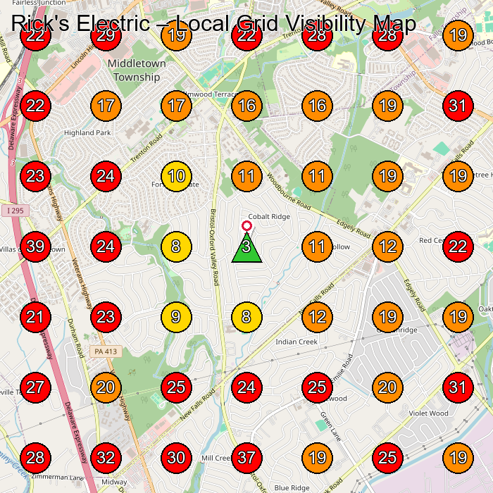 Rick's Electric GeoGrid visibility map for Electrician in Southampton
