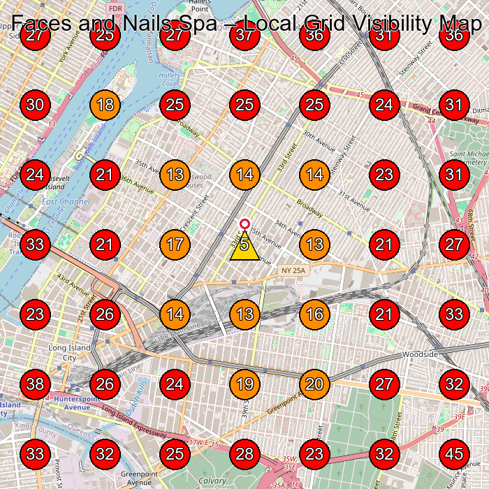 Faces and Nails Spa GeoGrid visibility map for Publisher in Queens