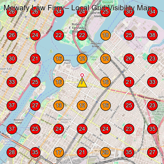 Mewafy Law Firm GeoGrid visibility map for Lawyer in Astoria