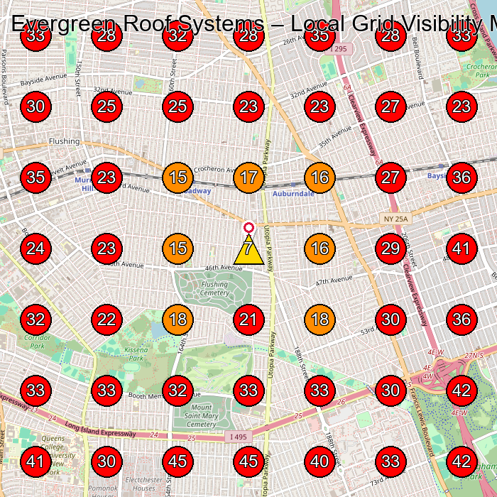 Evergreen Roof Systems GeoGrid visibility map for General Contractor in Bayside