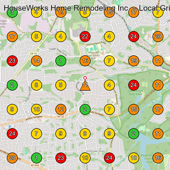 HouseWorks Home Remodeling Inc. General Contractor GeoGrid ranking map for Commack NY