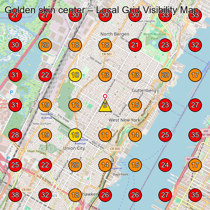 Golden skin center GeoGrid visibility map for Beauty Salon in North Bergen