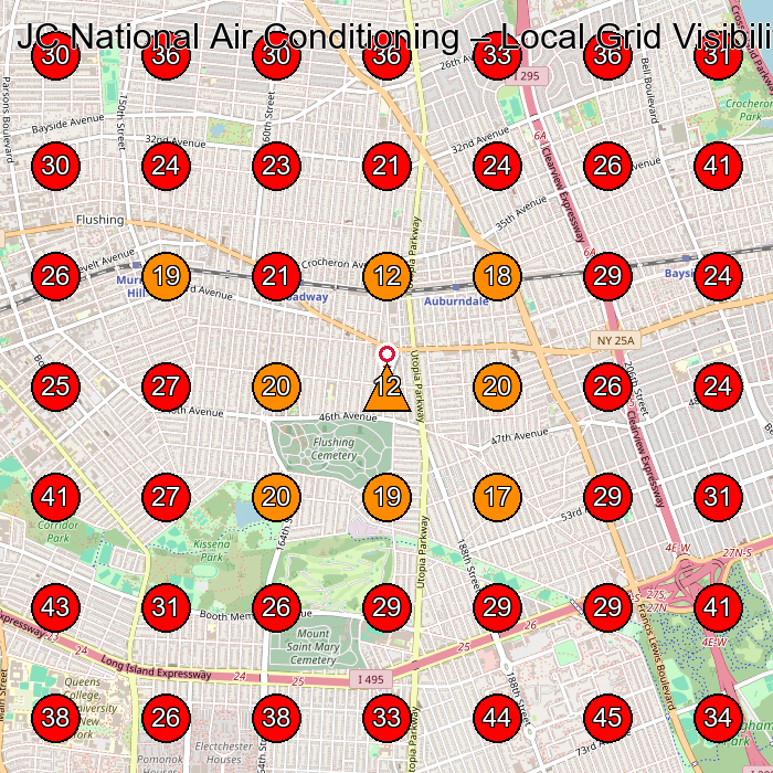 JC National Air Conditioning GeoGrid visibility map for Air Conditioning Contractor in Queens