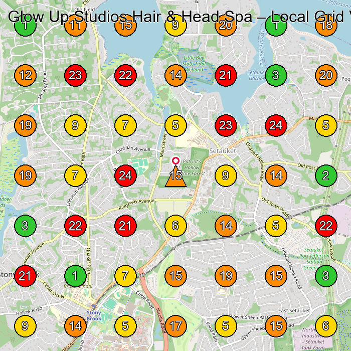 Glow Up Studios Hair & Head Spa Hair Salon GeoGrid ranking map for Setauket- East Setauket NY