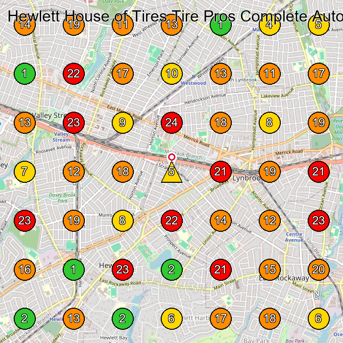 Hewlett House of Tires Tire Pros Complete Auto Service Auto Repair Shop GeoGrid ranking map for Hewlett NY
