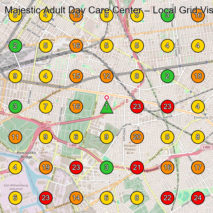 Majestic Adult Day Care Center Adult Day Care Center GeoGrid ranking map for 4310 52nd St Woodside