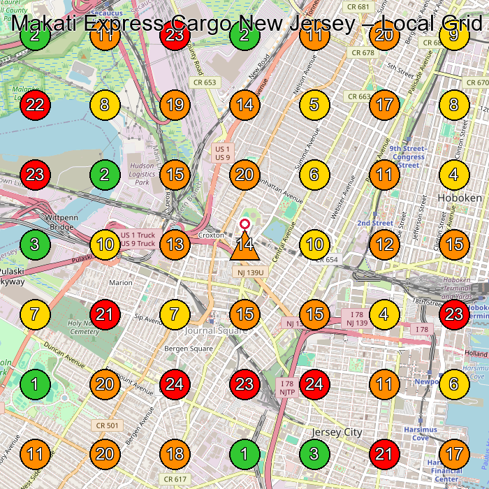 Makati Express Cargo New Jersey Shipping Company GeoGrid ranking map for Jersey City NJ