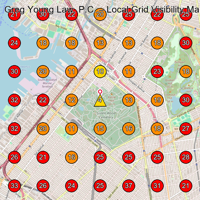 Greg Young Law, P.C. GeoGrid visibility map for Legal Services in Brooklyn