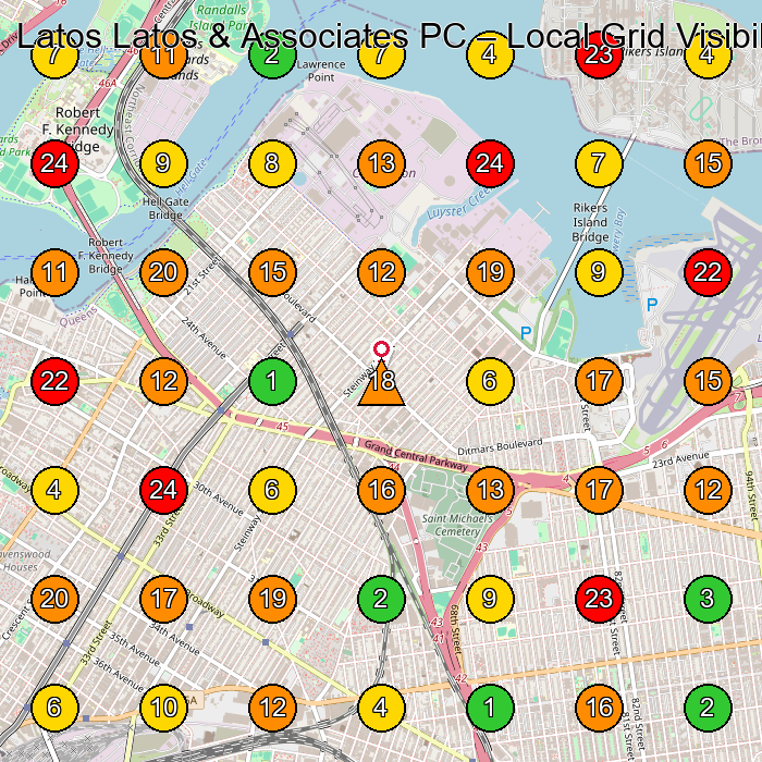 Latos Latos & Associates PC Personal Injury Attorney GeoGrid ranking map for Queens NY