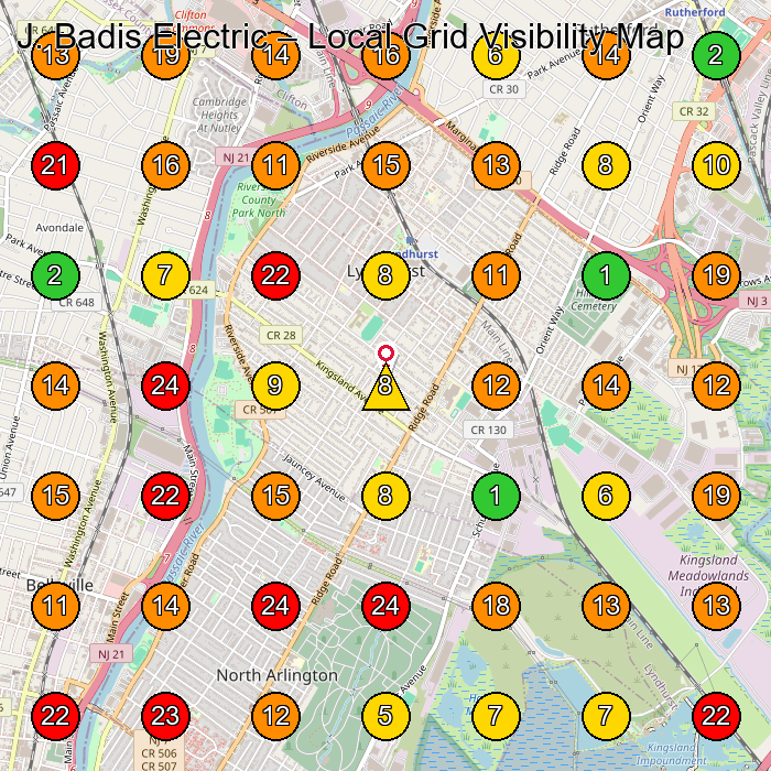 J. Badis Electric Electrician GeoGrid ranking map for Lyndhurst NJ