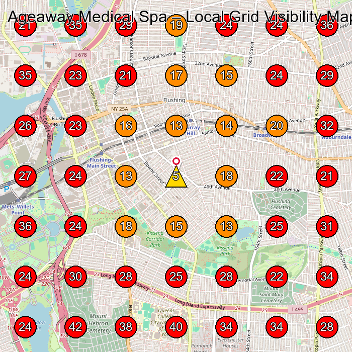 Ageaway Medical Spa GeoGrid visibility map for Skin Care Clinic in Flushing