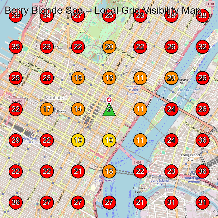 Berry Blonde Spa GeoGrid visibility map for Medical Spa in corner of 60th and 61st (across from Bloomingdales