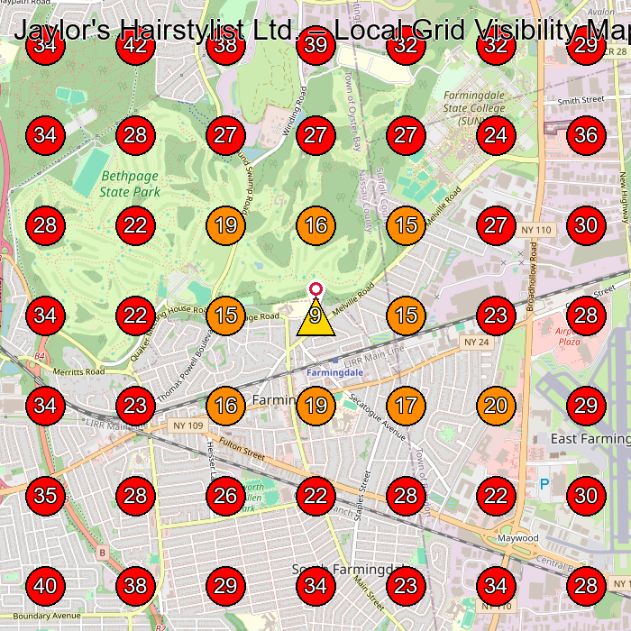 Jaylor's Hairstylist Ltd. GeoGrid visibility map for Hair Salon in Farmingdale