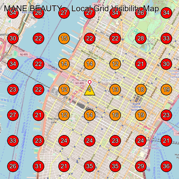 MANE BEAUTY GeoGrid visibility map for Beauty Product Supplier in New York