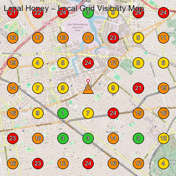Local Honey Nail Salon GeoGrid ranking map for Brooklyn NY