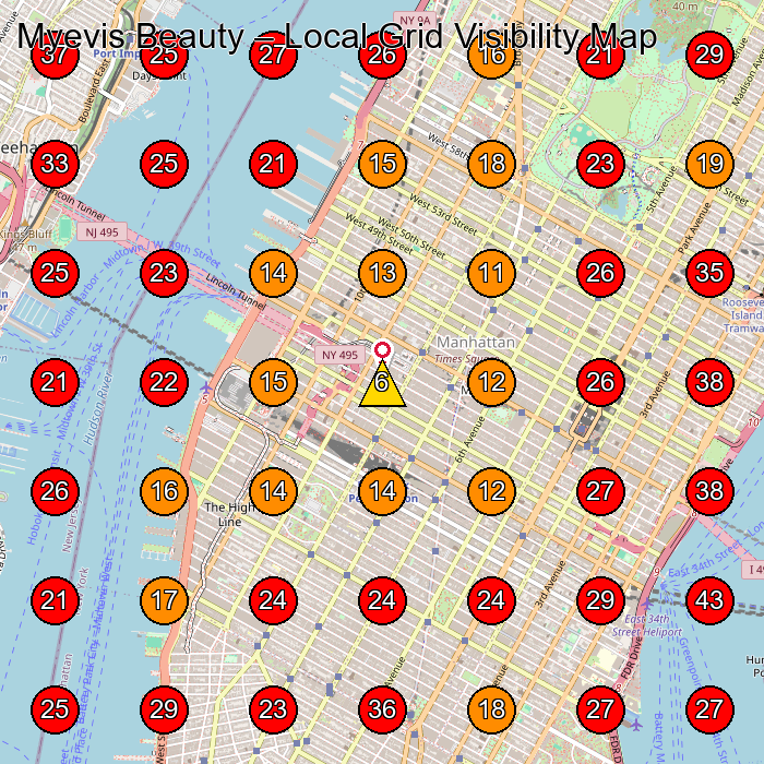Myevis Beauty GeoGrid visibility map for Beauty Salon in New York