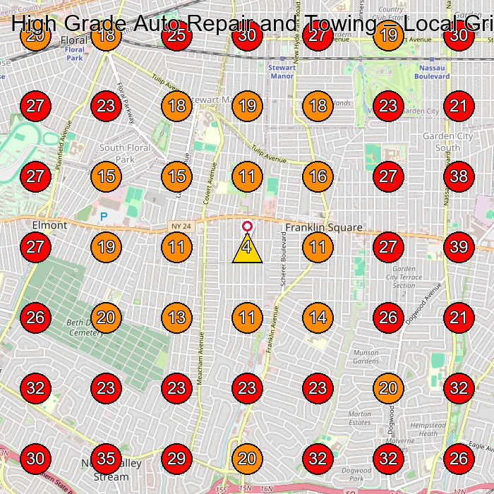 High Grade Auto Repair and Towing GeoGrid visibility map for Auto Repair Shop in Hewlett