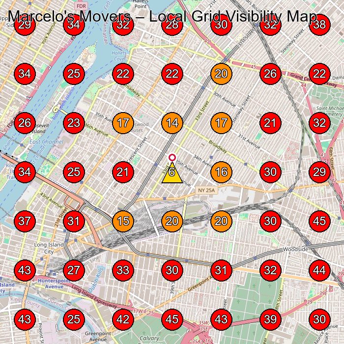 Marcelo's Movers GeoGrid visibility map for Moving And Storage Service in Long Island City