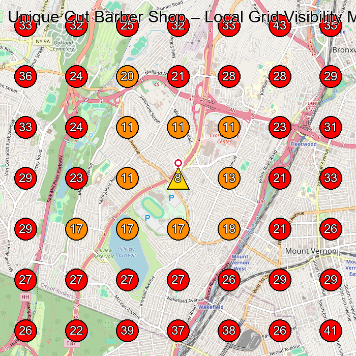 Unique Cut Barber Shop GeoGrid visibility map for Tattoo And Piercing Shop in Yonkers