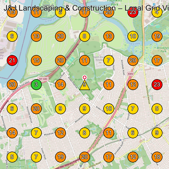 J&J Landscaping & Construction Landscaper GeoGrid ranking map for Staten Island NY