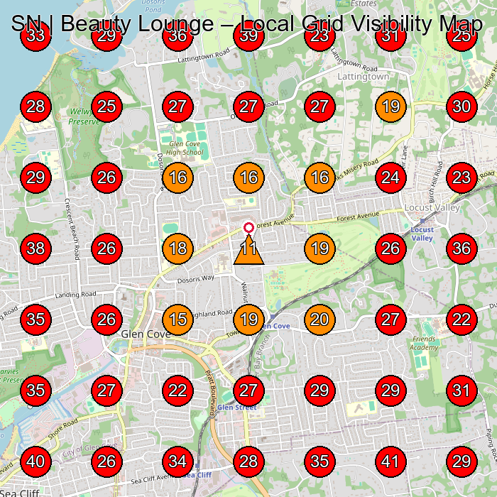 SN | Beauty Lounge GeoGrid visibility map for Beauty Salon in Glen Cove