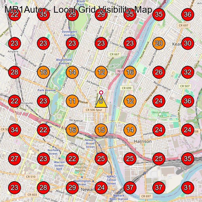 MR1Auto GeoGrid visibility map for Used Car Dealer in Newark