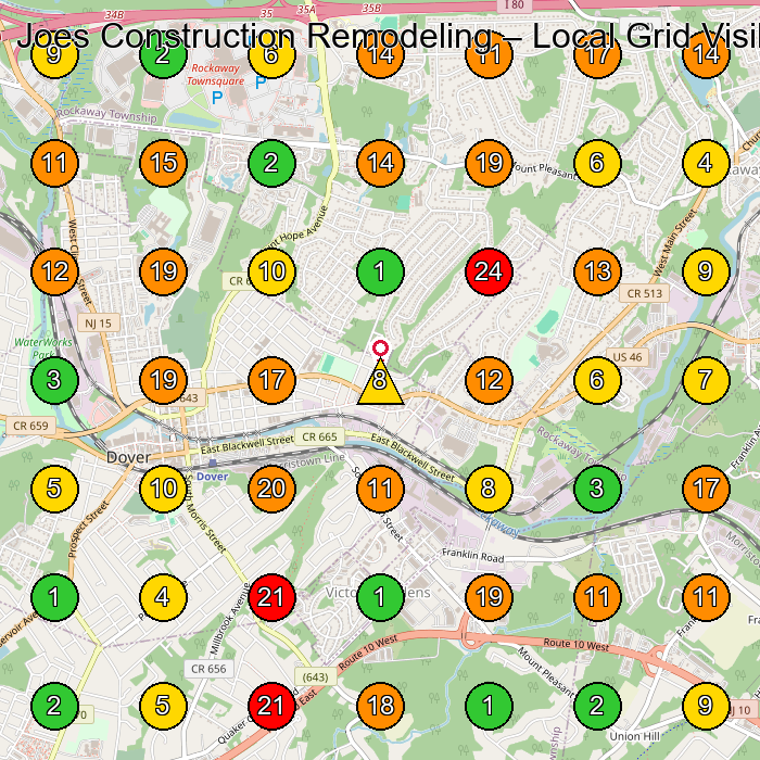 Joes Construction Remodeling Constructor GeoGrid ranking map for Dover NJ