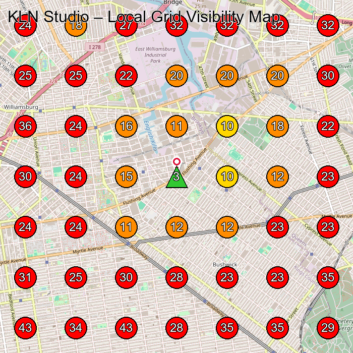 KLN Studio GeoGrid visibility map for Woodworker in Brooklyn