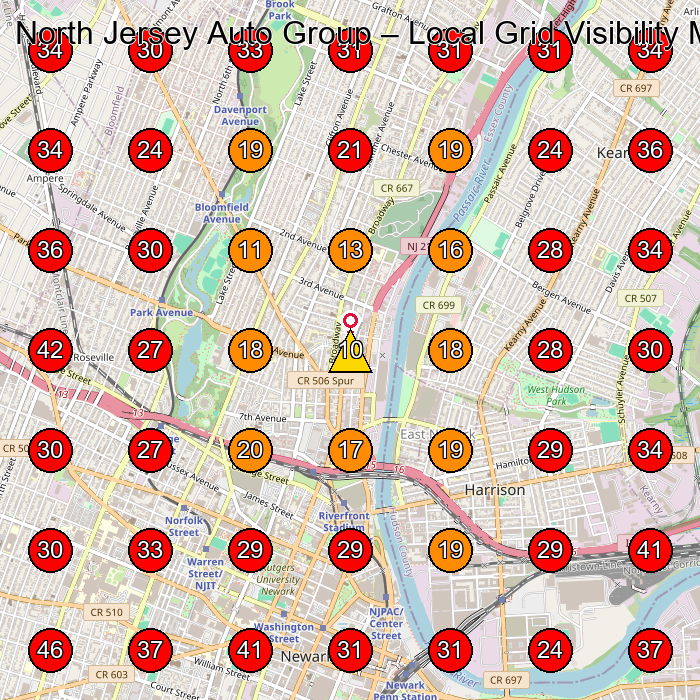 North Jersey Auto Group GeoGrid visibility map for Used Car Dealer in Newark