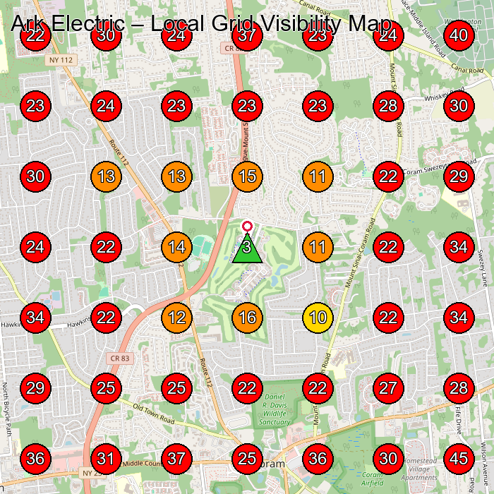 Ark Electric GeoGrid visibility map for Electrician in Coram